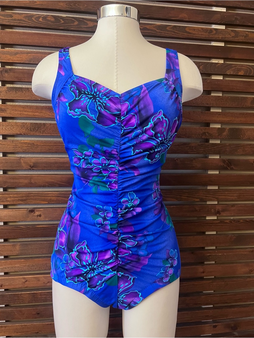 Vintage NWT Maxine of Hollywood Blue Purple Floral Ruched One-Piece Swimsuit